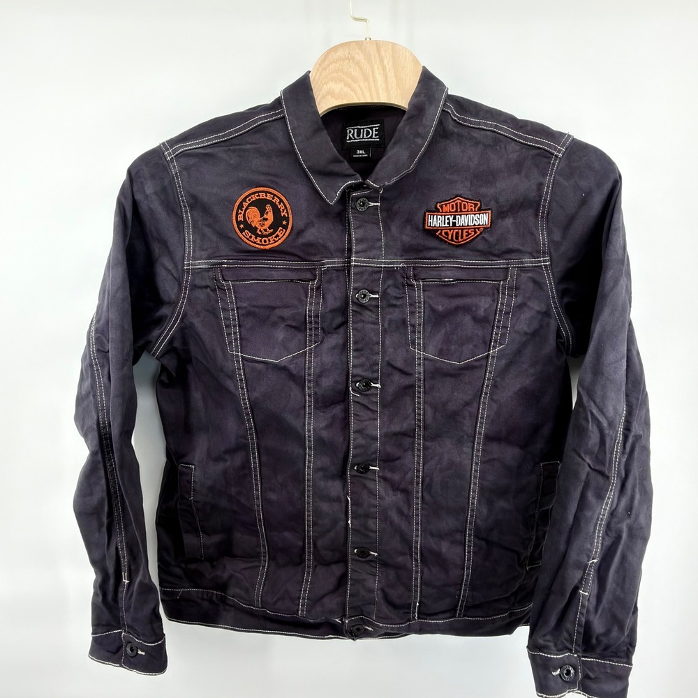 Rude Trucker Jacket Mens 3XL Black Harley-Davidson Blackberry Smoke Patches